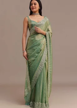 Sea Green Glass Tissue Saree With Cutdana And Stone Embroidery