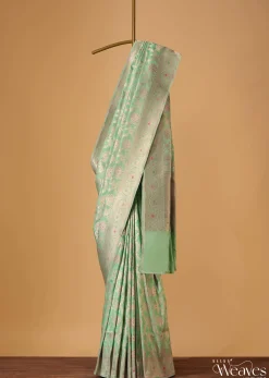 Sea Green Handloom Banarasi Saree In Uppada Silk With Unstitched Blouse