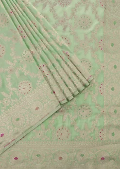 Sea Green Handloom Banarasi Saree In Uppada Silk With Unstitched Blouse