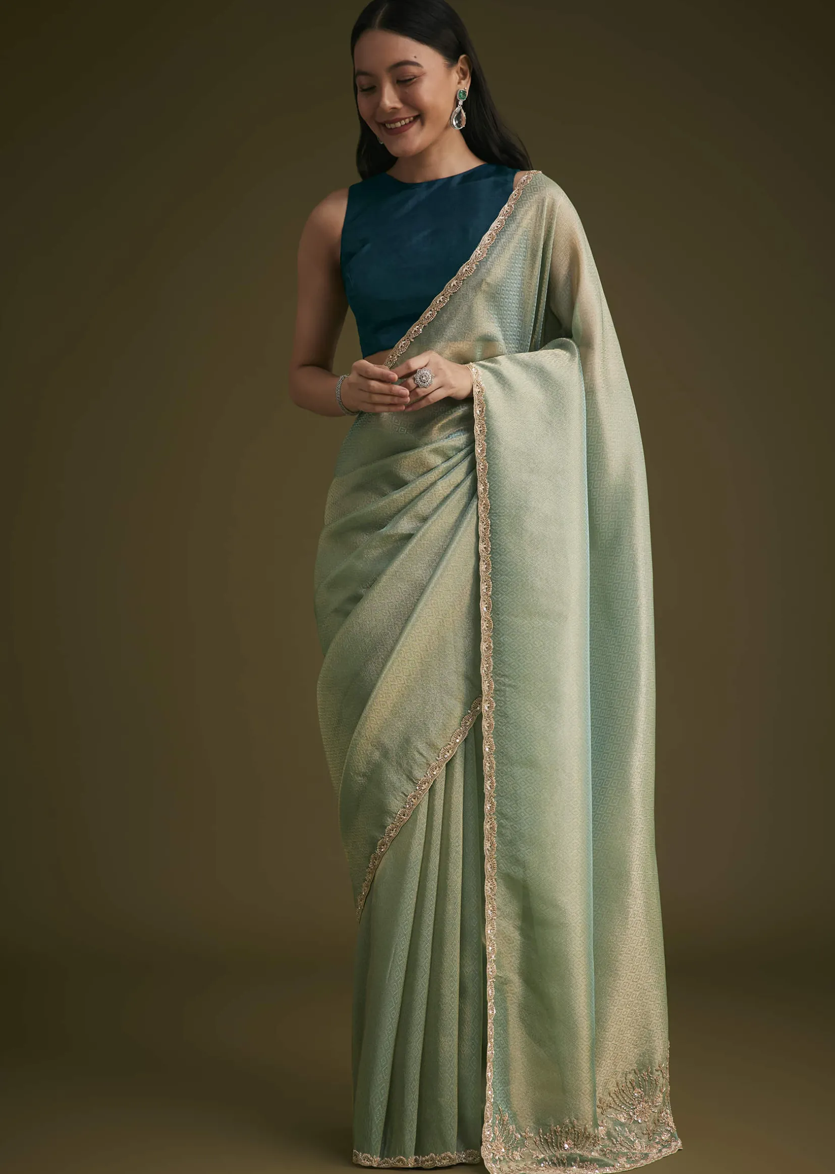 Sea Green Jacquard Sequins Saree With Cutdana Stones