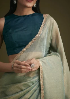Sea Green Jacquard Sequins Saree With Cutdana Stones