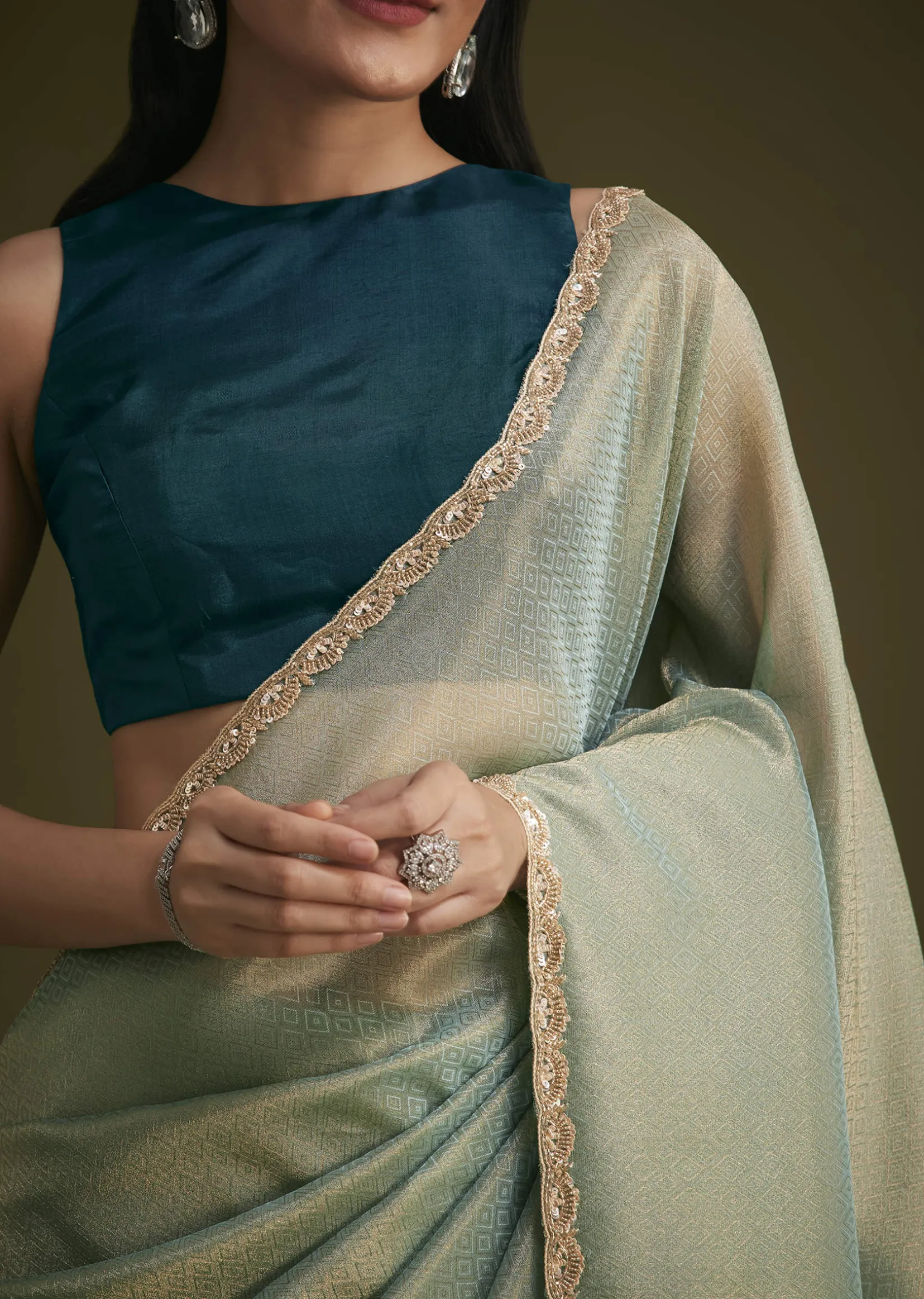 Sea Green Jacquard Sequins Saree With Cutdana Stones