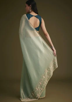 Sea Green Jacquard Sequins Saree With Cutdana Stones