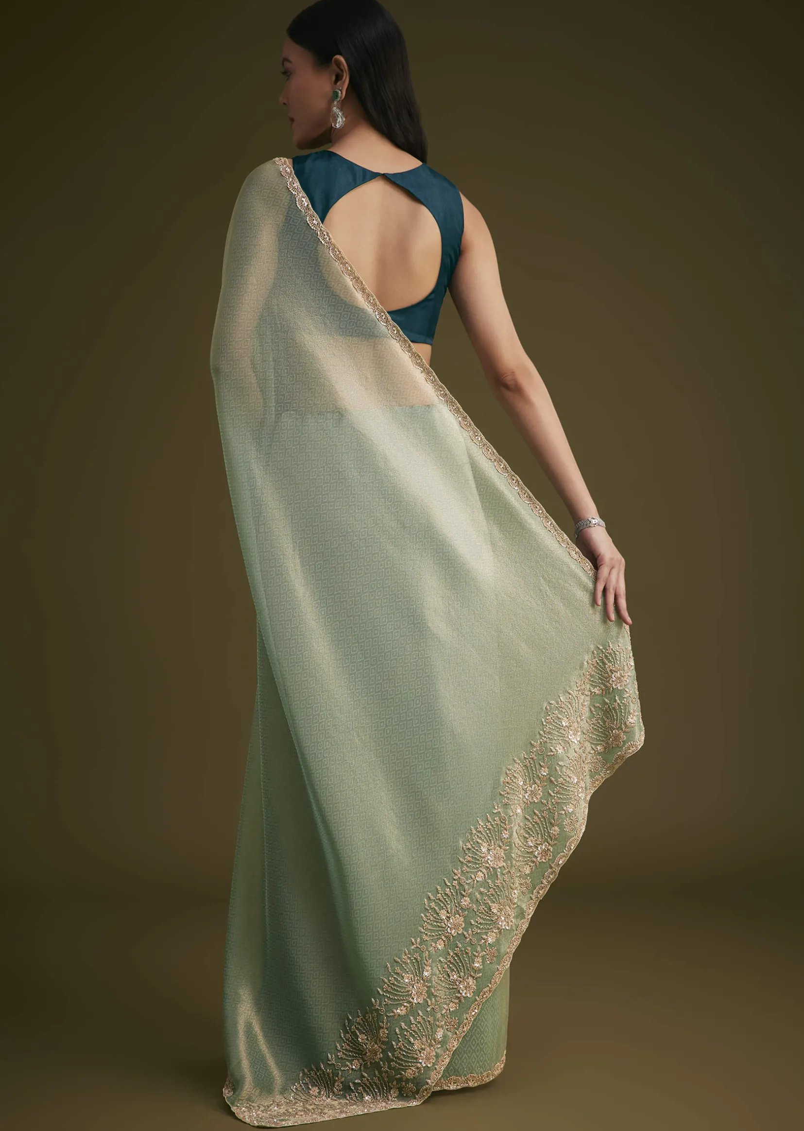 Sea Green Jacquard Sequins Saree With Cutdana Stones