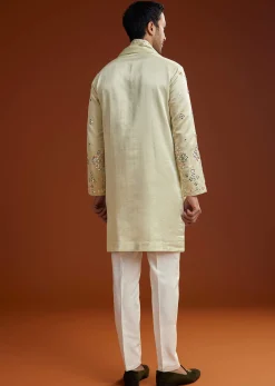 Sea Green Mirrorwork Kurta Jacket Set With Dupatta