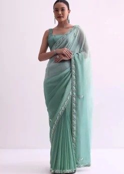 Sea Green Ombre Shaded Satin Saree With Sequin Border And Unstitched Blouse Fabric