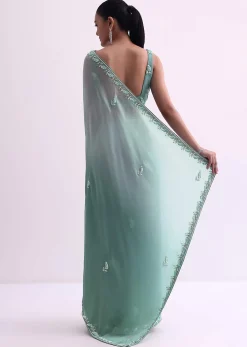 Sea Green Ombre Shaded Satin Saree With Sequin Border And Unstitched Blouse Fabric