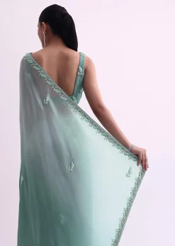 Sea Green Ombre Shaded Satin Saree With Sequin Border And Unstitched Blouse Fabric