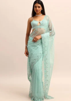 Sea Green Organza Cutdana Saree And Sequins Border Pallu With Unstitched Blouse