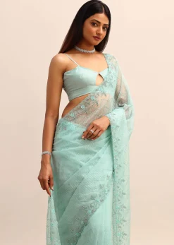 Sea Green Organza Cutdana Saree And Sequins Border Pallu With Unstitched Blouse