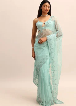 Sea Green Organza Cutdana Saree And Sequins Border Pallu With Unstitched Blouse