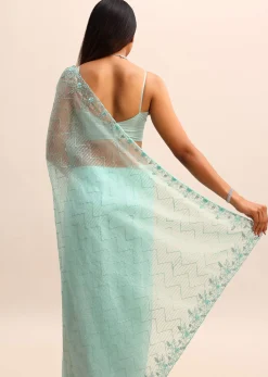Sea Green Organza Cutdana Saree And Sequins Border Pallu With Unstitched Blouse