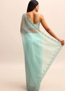 Sea Green Organza Cutdana Saree And Sequins Border Pallu With Unstitched Blouse