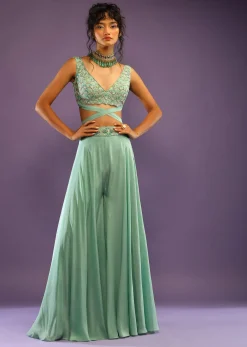Sea Green Palazzo And Crop Top With Wrap Around Straps And Shaded Green Bead Work In Scallop Motifs