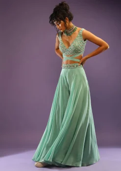 Sea Green Palazzo And Crop Top With Wrap Around Straps And Shaded Green Bead Work In Scallop Motifs