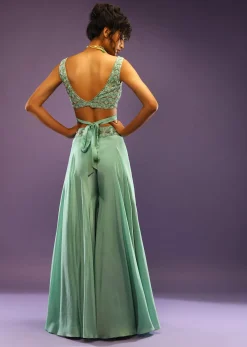 Sea Green Palazzo And Crop Top With Wrap Around Straps And Shaded Green Bead Work In Scallop Motifs