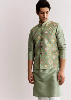 Sea Green Silk Kurta Jacket Set With Geometric Print