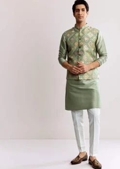 Sea Green Silk Kurta Jacket Set With Geometric Print