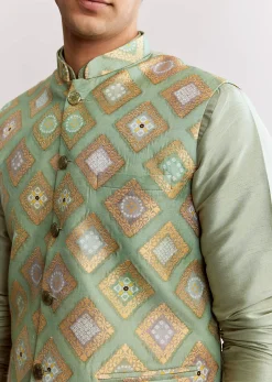 Sea Green Silk Kurta Jacket Set With Geometric Print