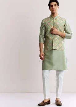 Sea Green Silk Kurta Jacket Set With Geometric Print