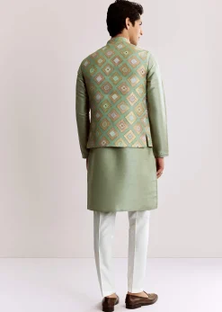 Sea Green Silk Kurta Jacket Set With Geometric Print