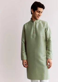 Sea Green Silk Kurta Jacket Set With Geometric Print