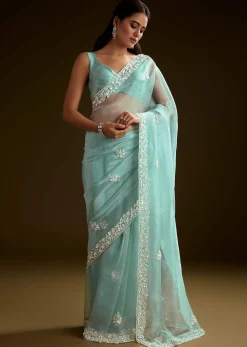 Sea Green Tissue Saree With Floral Embroidery And Scallop Border