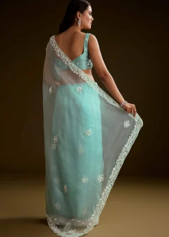 Sea Green Tissue Saree With Floral Embroidery And Scallop Border