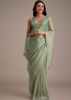 Sea Green Tissue Saree With Cutdana And Stone Embroidery