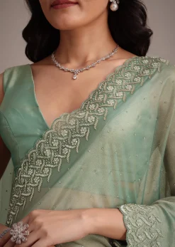 Sea Green Tissue Saree With Cutdana And Stone Embroidery