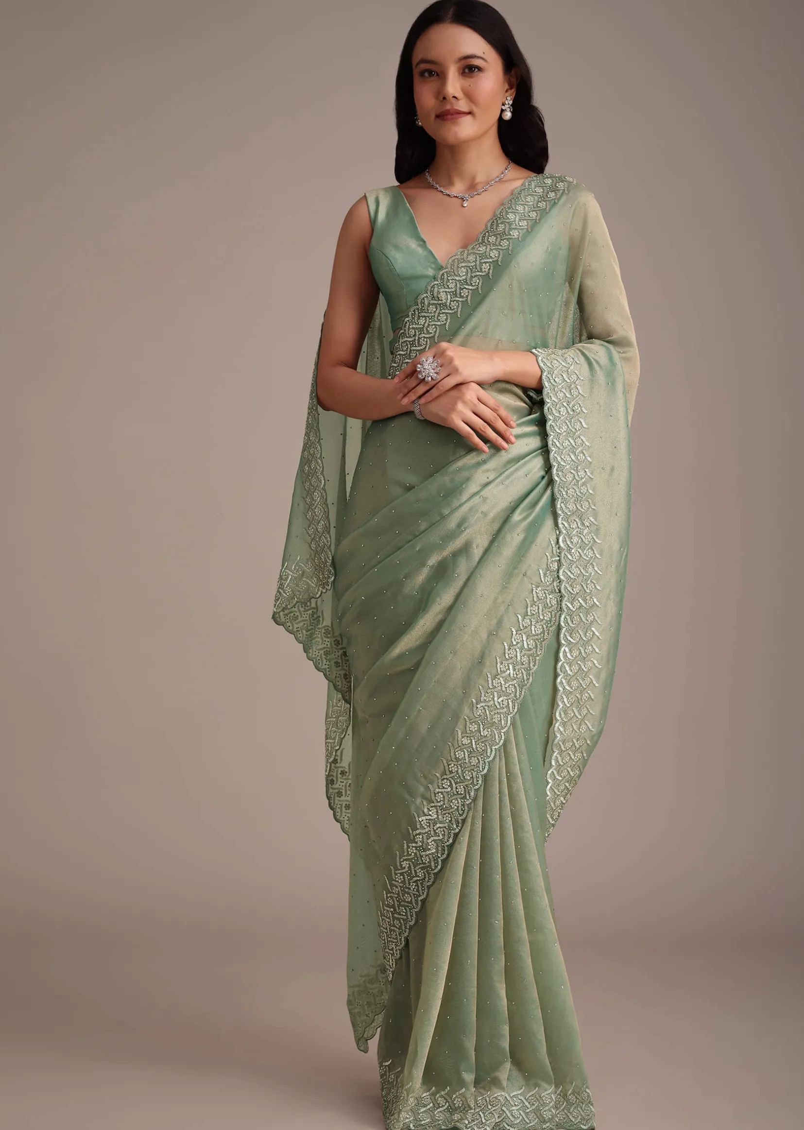 Sea Green Tissue Saree With Cutdana And Stone Embroidery