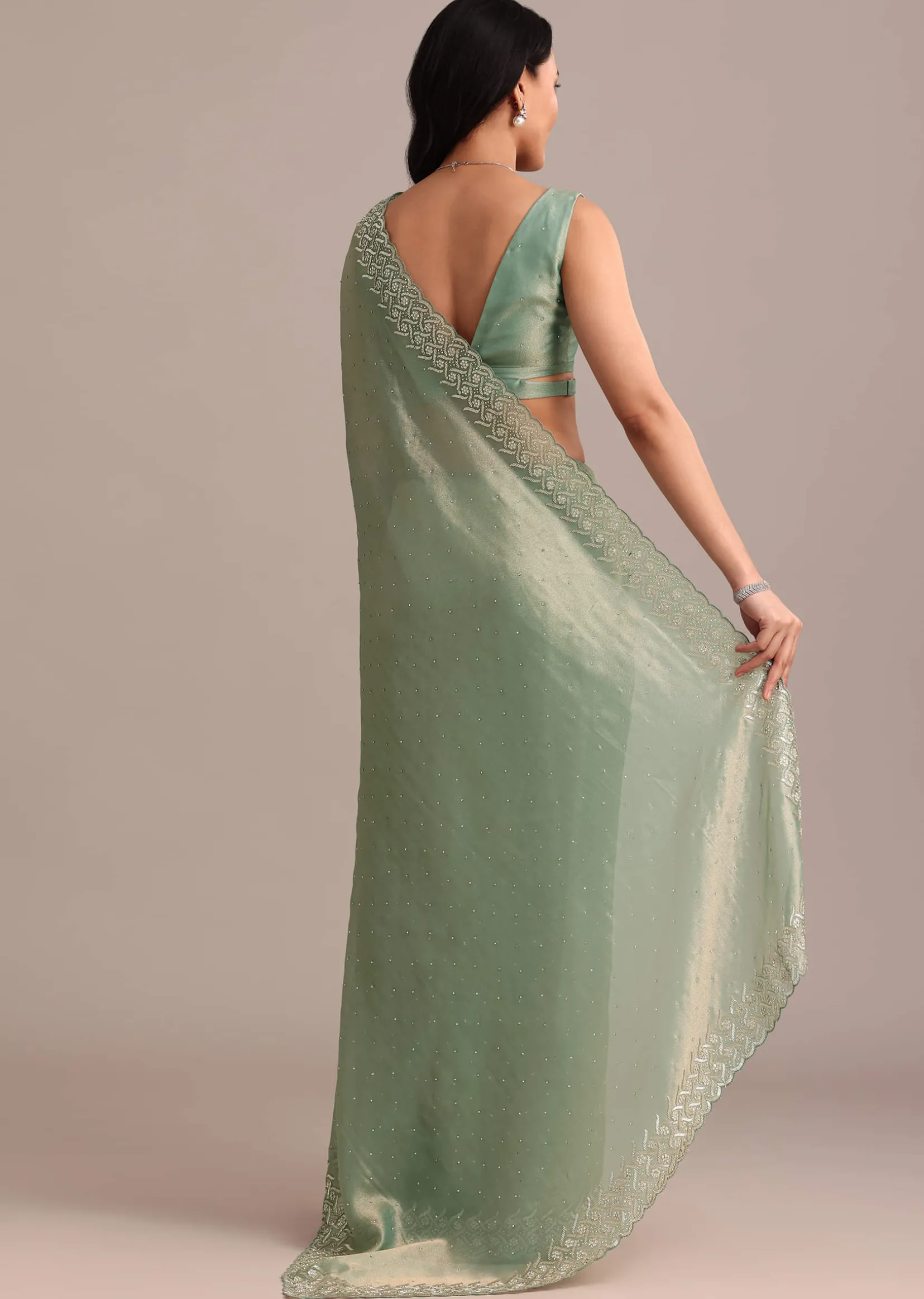 Sea Green Tissue Saree With Cutdana And Stone Embroidery