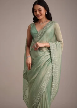 Sea Green Tissue Saree With Cutdana And Stone Embroidery