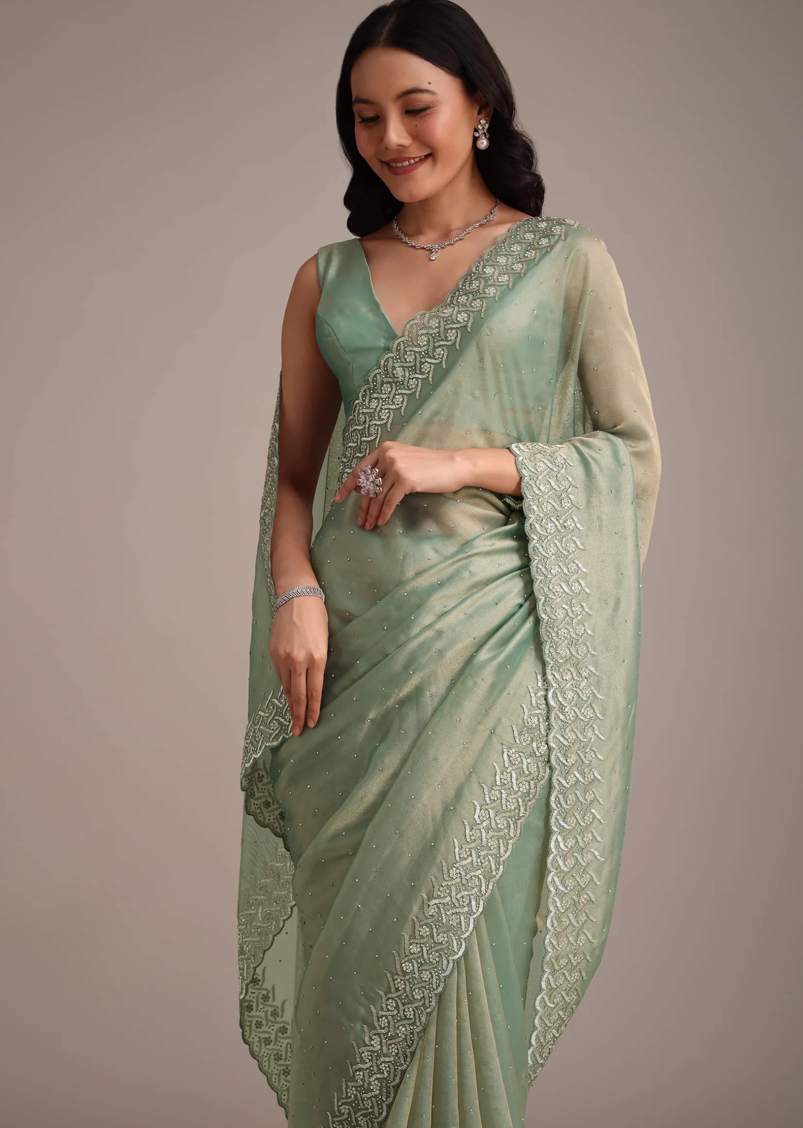 Sea Green Tissue Saree With Cutdana And Stone Embroidery