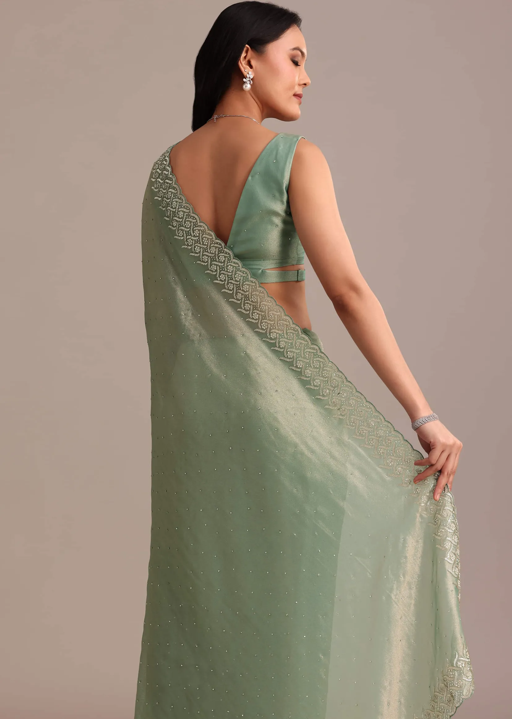 Sea Green Tissue Saree With Cutdana And Stone Embroidery