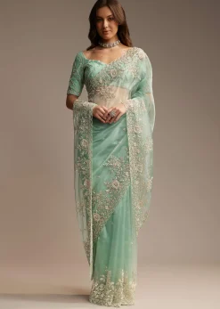 Sea Green Tissue Saree with Cutdana Embroidery