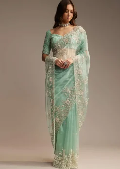 Sea Green Tissue Saree with Cutdana Embroidery