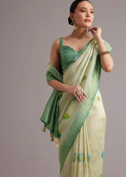 Sea Green Tissue Silk Floral Motif Saree With Contrast Pallu And Border