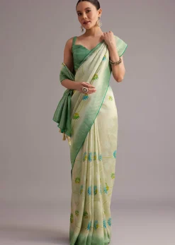 Sea Green Tissue Silk Floral Motif Saree With Contrast Pallu And Border