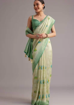 Sea Green Tissue Silk Floral Motif Saree With Contrast Pallu And Border