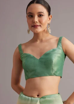 Sea Green Tissue Silk Floral Motif Saree With Contrast Pallu And Border