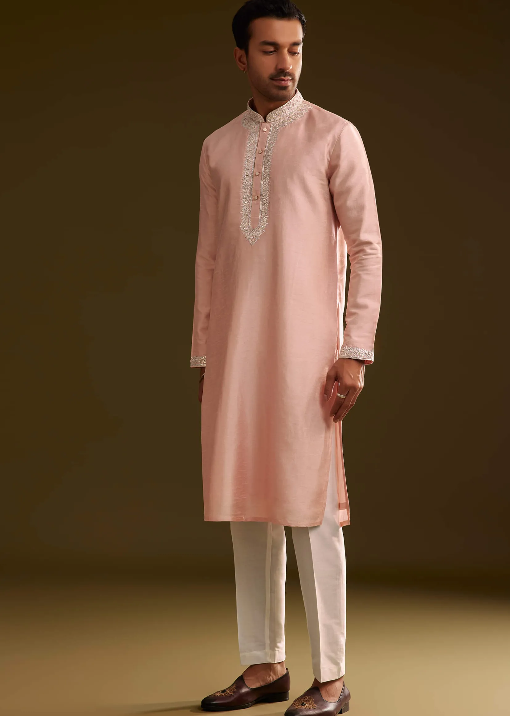 Sea Shell Pink Silk Kurta Set With Embroidery