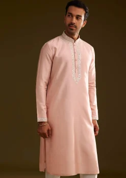 Sea Shell Pink Silk Kurta Set With Embroidery
