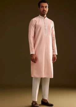 Sea Shell Pink Silk Kurta Set With Embroidery