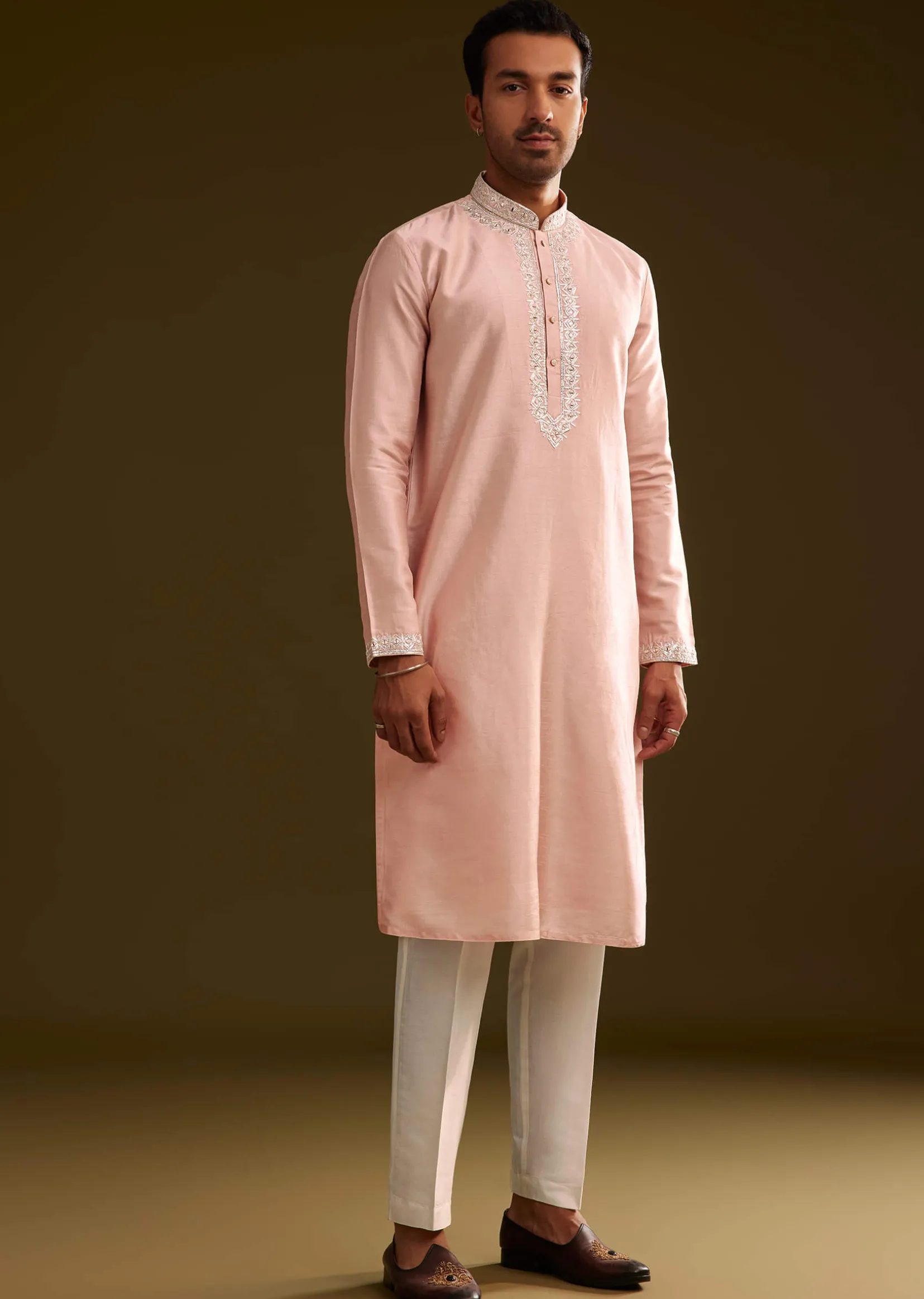 Sea Shell Pink Silk Kurta Set With Embroidery