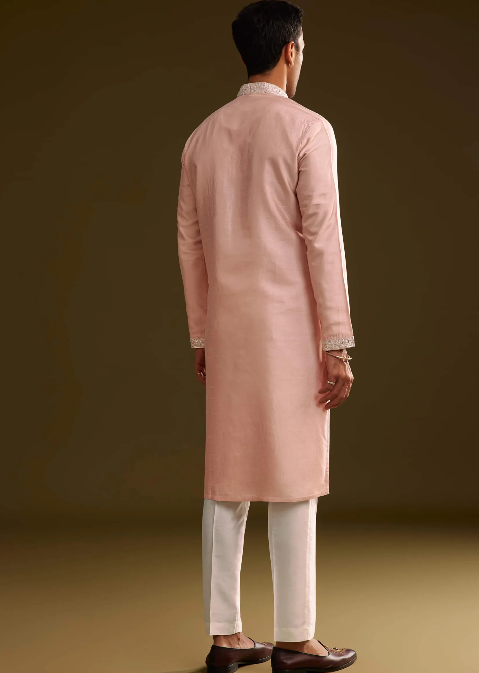 Sea Shell Pink Silk Kurta Set With Embroidery