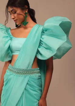 Seafoam Green Crepe Saree With Fancy Sleeves Organza Blouse