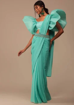 Seafoam Green Crepe Saree With Fancy Sleeves Organza Blouse
