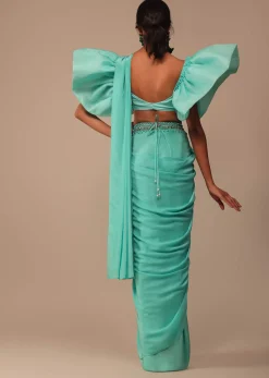 Seafoam Green Crepe Saree With Fancy Sleeves Organza Blouse
