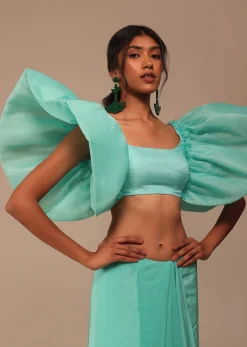 Seafoam Green Crepe Saree With Fancy Sleeves Organza Blouse
